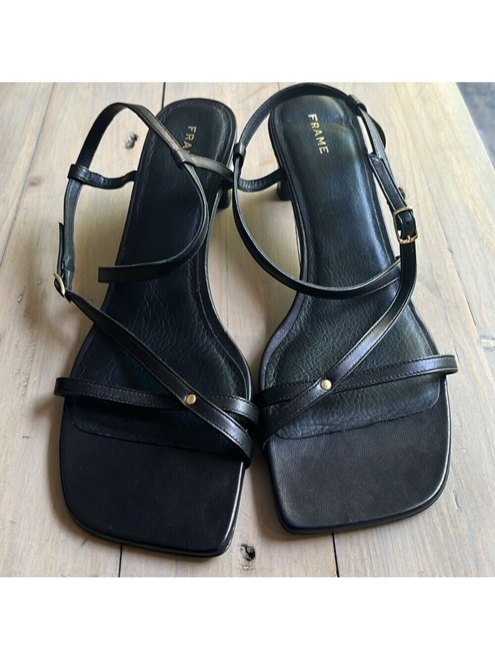 Frame Le Braxton Strappy Leather Black Sandal Square Toe Women EUR 39.5 US 9 - Picture 7 of 15